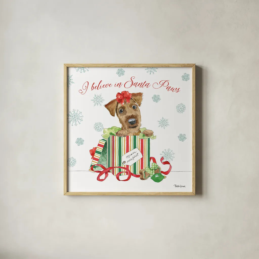 Holiday Paws II by Beth Grove. Shown in a natural wood glass frame for a timeless modern aesthetic. Available as an archival giclee rolled canvas, fine art paper, or poster print. SKU 44149a.