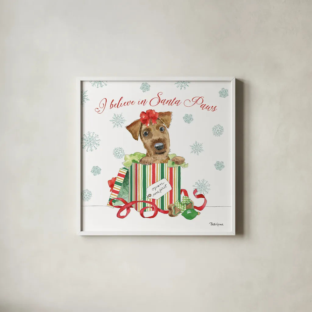 Holiday Paws II by Beth Grove. Shown in a crisp white glass frame for a clean and minimalist style. Available as an archival giclee rolled canvas, fine art paper, or poster print. SKU 44149a.