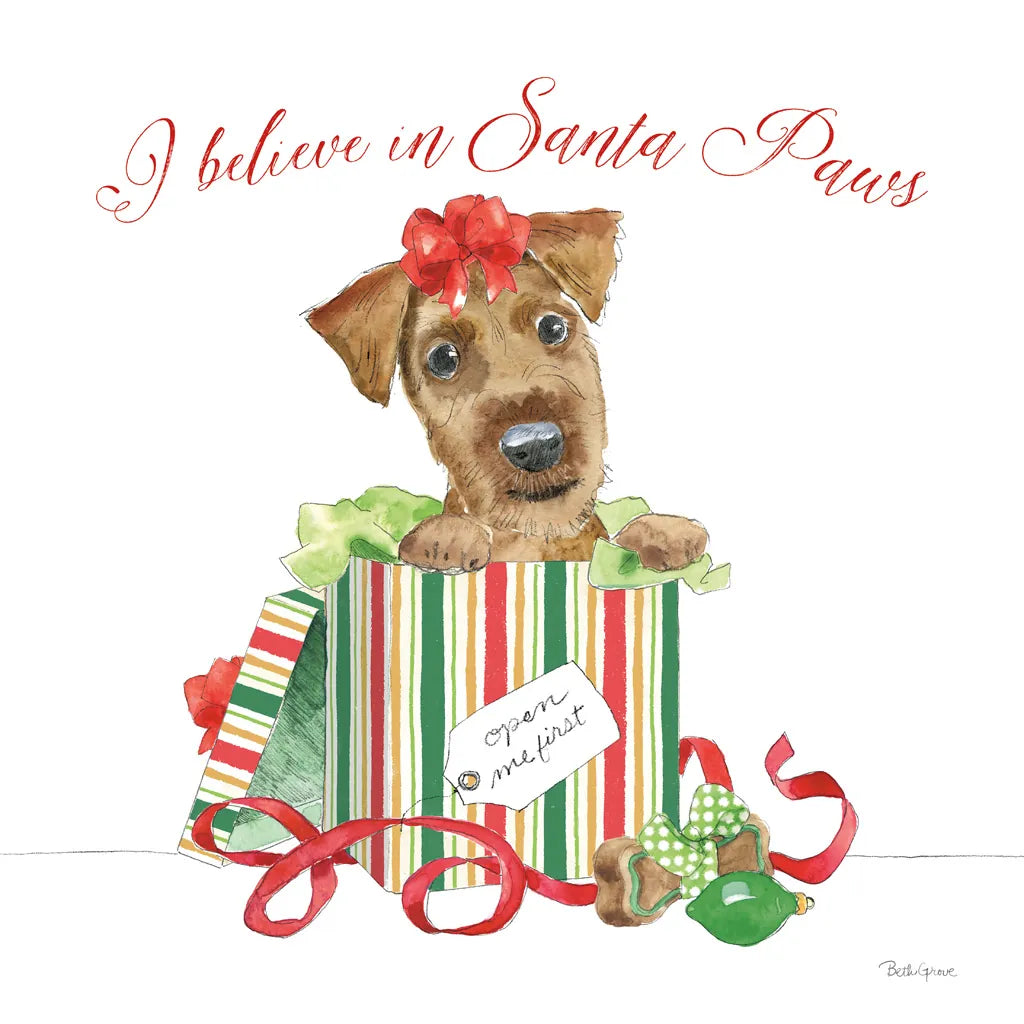 Holiday Paws II on White by Beth Grove. SKU 54340a. Archival Giclee Fine art print for wall decor.