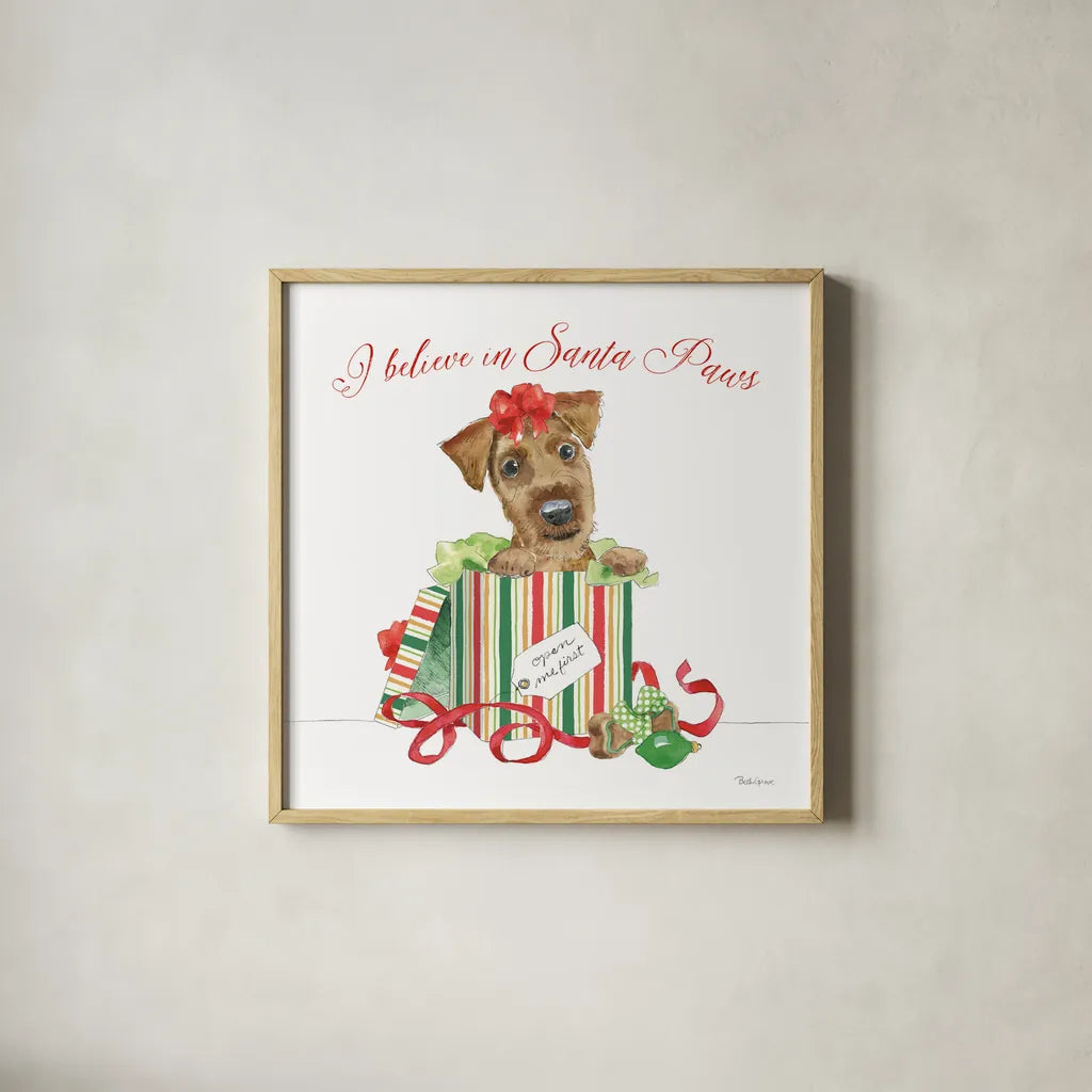 Holiday Paws II on White by Beth Grove. Shown in a natural wood glass frame for a timeless modern aesthetic. Available as an archival giclee rolled canvas, fine art paper, or poster print. SKU 54340a.