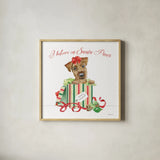 Holiday Paws II on White by Beth Grove. Shown in a natural wood glass frame for a timeless modern aesthetic. Available as an archival giclee rolled canvas, fine art paper, or poster print. SKU 54340a.