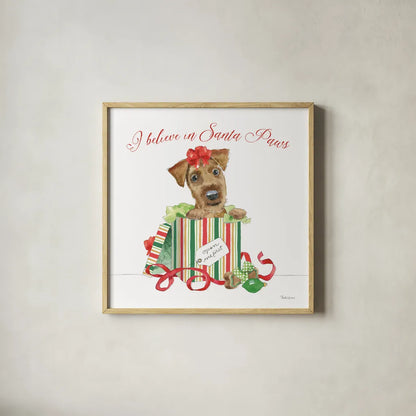 Holiday Paws II on White by Beth Grove. Shown in a natural wood glass frame for a timeless modern aesthetic. Available as an archival giclee rolled canvas, fine art paper, or poster print. SKU 54340a.