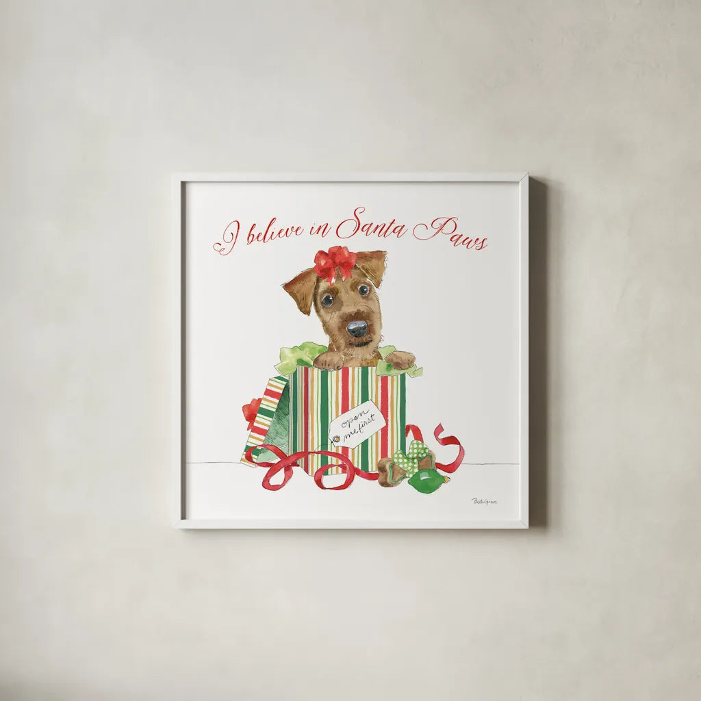 Holiday Paws II on White by Beth Grove. Shown in a crisp white glass frame for a clean and minimalist style. Available as an archival giclee rolled canvas, fine art paper, or poster print. SKU 54340a.