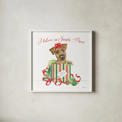 Holiday Paws II on White by Beth Grove. Shown in a crisp white glass frame for a clean and minimalist style. Available as an archival giclee rolled canvas, fine art paper, or poster print. SKU 54340a.