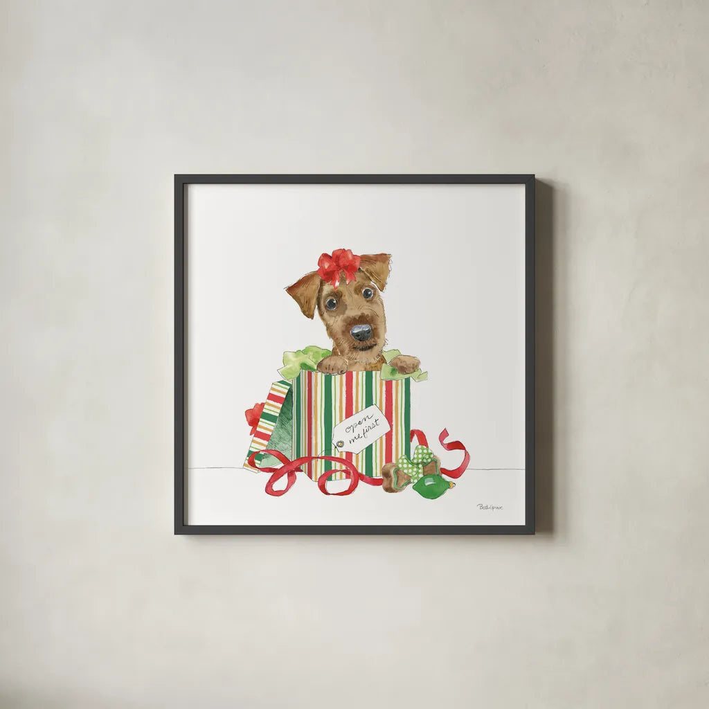 Holiday Paws II on White No Words by Beth Grove. Shown in a sleek black glass frame for a contemporary gallery look. Available as an archival giclee rolled canvas, fine art paper, or poster print. SKU 54419a.
