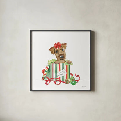 Holiday Paws II on White No Words by Beth Grove. Shown in a sleek black glass frame for a contemporary gallery look. Available as an archival giclee rolled canvas, fine art paper, or poster print. SKU 54419a.