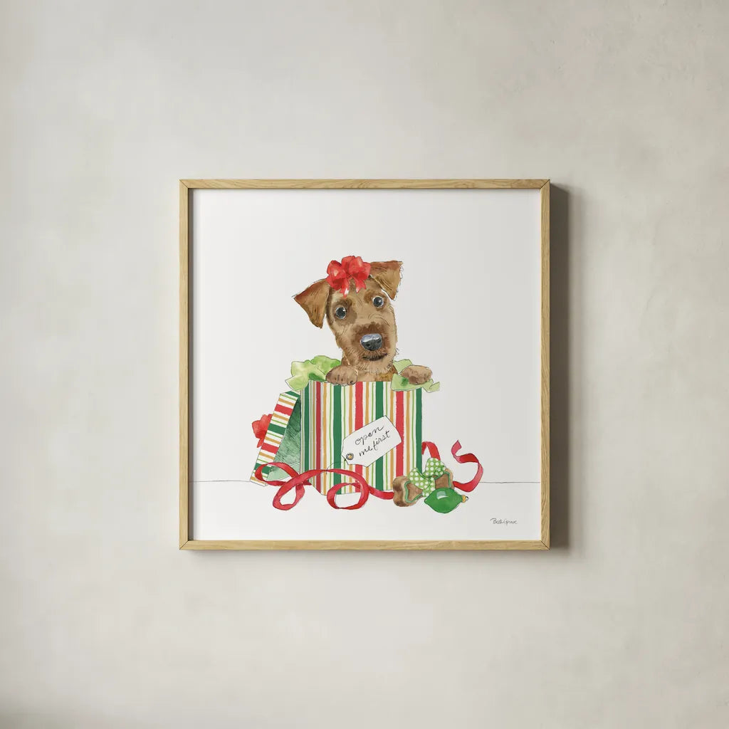 Holiday Paws II on White No Words by Beth Grove. Shown in a natural wood glass frame for a timeless modern aesthetic. Available as an archival giclee rolled canvas, fine art paper, or poster print. SKU 54419a.