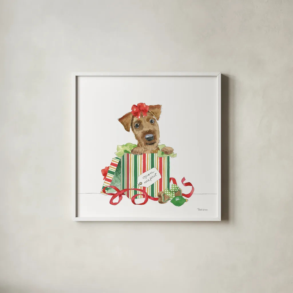 Holiday Paws II on White No Words by Beth Grove. Shown in a crisp white glass frame for a clean and minimalist style. Available as an archival giclee rolled canvas, fine art paper, or poster print. SKU 54419a.
