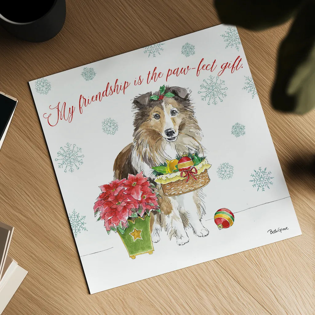 Holiday Paws III by Beth Grove. Shown as a detailed flat fine art print, highlighting archival giclee quality. Available as an archival giclee rolled canvas, fine art paper, or poster print. SKU 44150a.