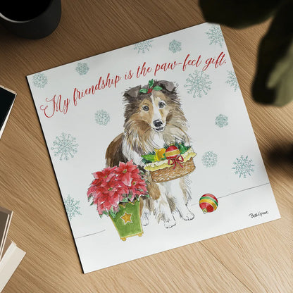 Holiday Paws III by Beth Grove. Shown as a detailed flat fine art print, highlighting archival giclee quality. Available as an archival giclee rolled canvas, fine art paper, or poster print. SKU 44150a.
