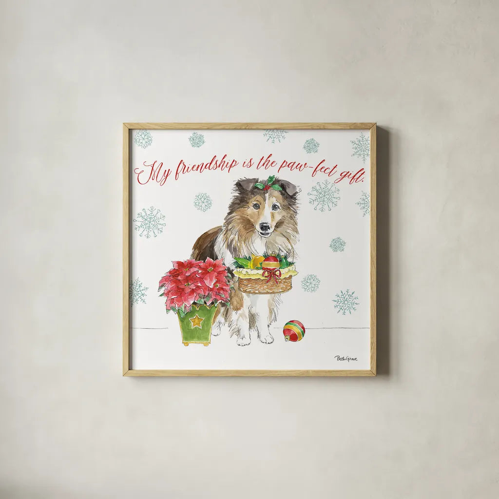 Holiday Paws III by Beth Grove. Shown in a natural wood glass frame for a timeless modern aesthetic. Available as an archival giclee rolled canvas, fine art paper, or poster print. SKU 44150a.
