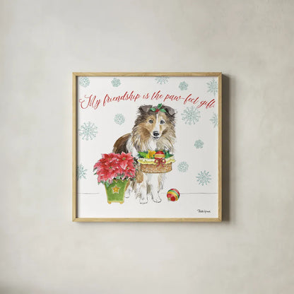 Holiday Paws III by Beth Grove. Shown in a natural wood glass frame for a timeless modern aesthetic. Available as an archival giclee rolled canvas, fine art paper, or poster print. SKU 44150a.