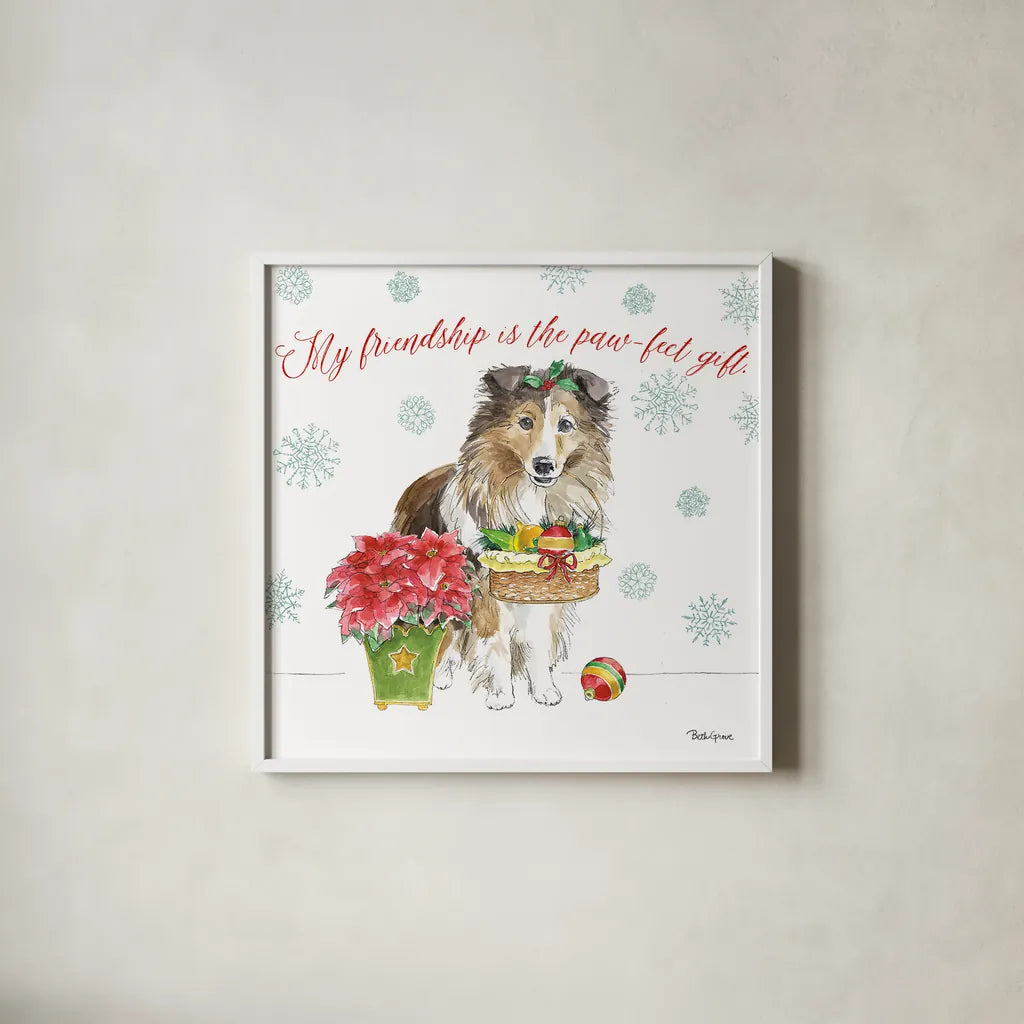 Holiday Paws III by Beth Grove. Shown in a crisp white glass frame for a clean and minimalist style. Available as an archival giclee rolled canvas, fine art paper, or poster print. SKU 44150a.