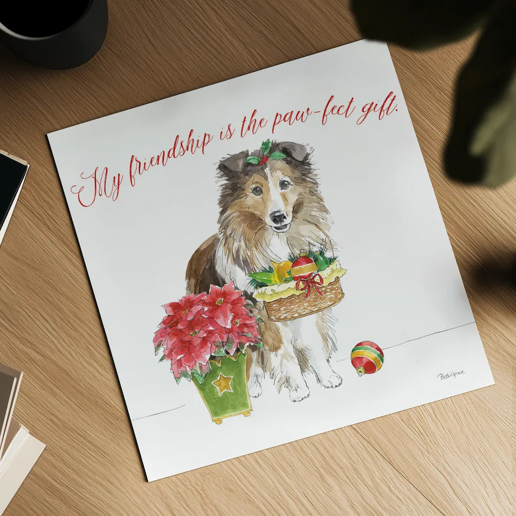 Holiday Paws III on White by Beth Grove. Shown as a detailed flat fine art print, highlighting archival giclee quality. Available as an archival giclee rolled canvas, fine art paper, or poster print. SKU 50883a.