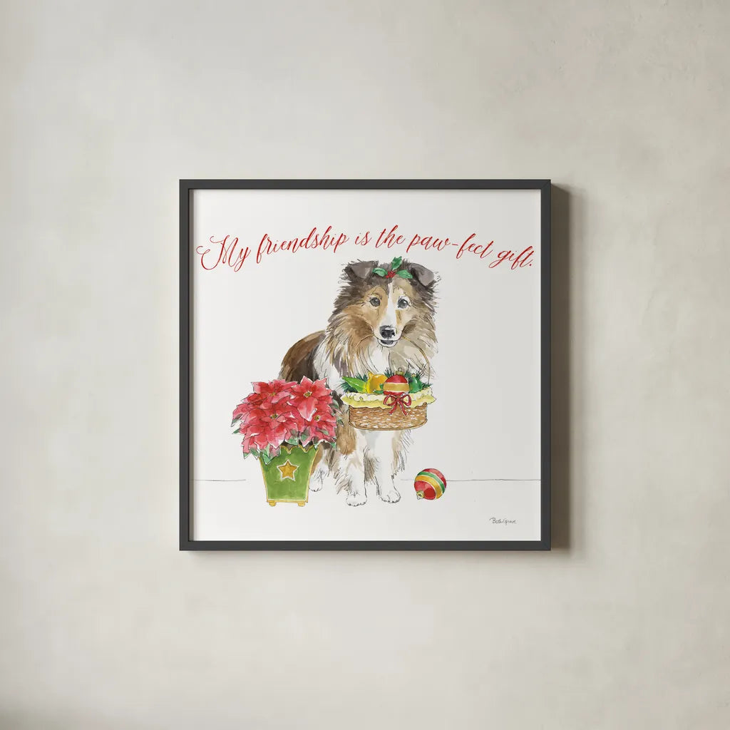 Holiday Paws III on White by Beth Grove. Shown in a sleek black glass frame for a contemporary gallery look. Available as an archival giclee rolled canvas, fine art paper, or poster print. SKU 50883a.