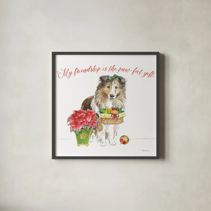 Holiday Paws III on White by Beth Grove. Shown in a sleek black glass frame for a contemporary gallery look. Available as an archival giclee rolled canvas, fine art paper, or poster print. SKU 50883a.