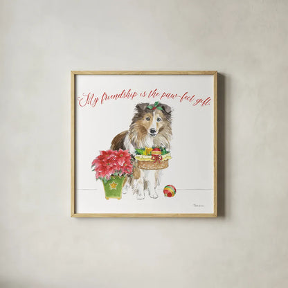Holiday Paws III on White by Beth Grove. Shown in a natural wood glass frame for a timeless modern aesthetic. Available as an archival giclee rolled canvas, fine art paper, or poster print. SKU 50883a.