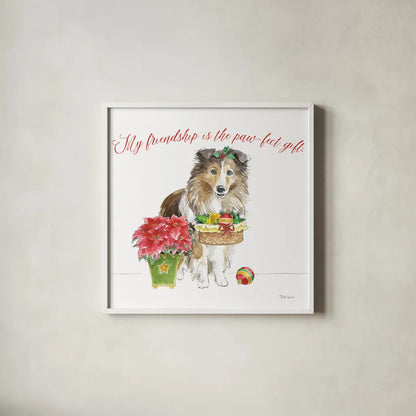 Holiday Paws III on White by Beth Grove. Shown in a crisp white glass frame for a clean and minimalist style. Available as an archival giclee rolled canvas, fine art paper, or poster print. SKU 50883a.