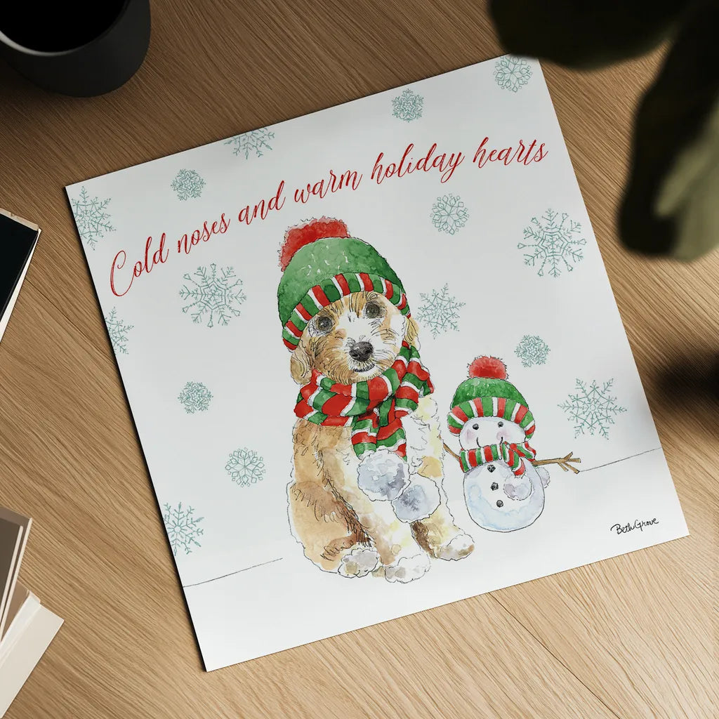 Holiday Paws IV by Beth Grove. Shown as a detailed flat fine art print, highlighting archival giclee quality. Available as an archival giclee rolled canvas, fine art paper, or poster print. SKU 44151a.