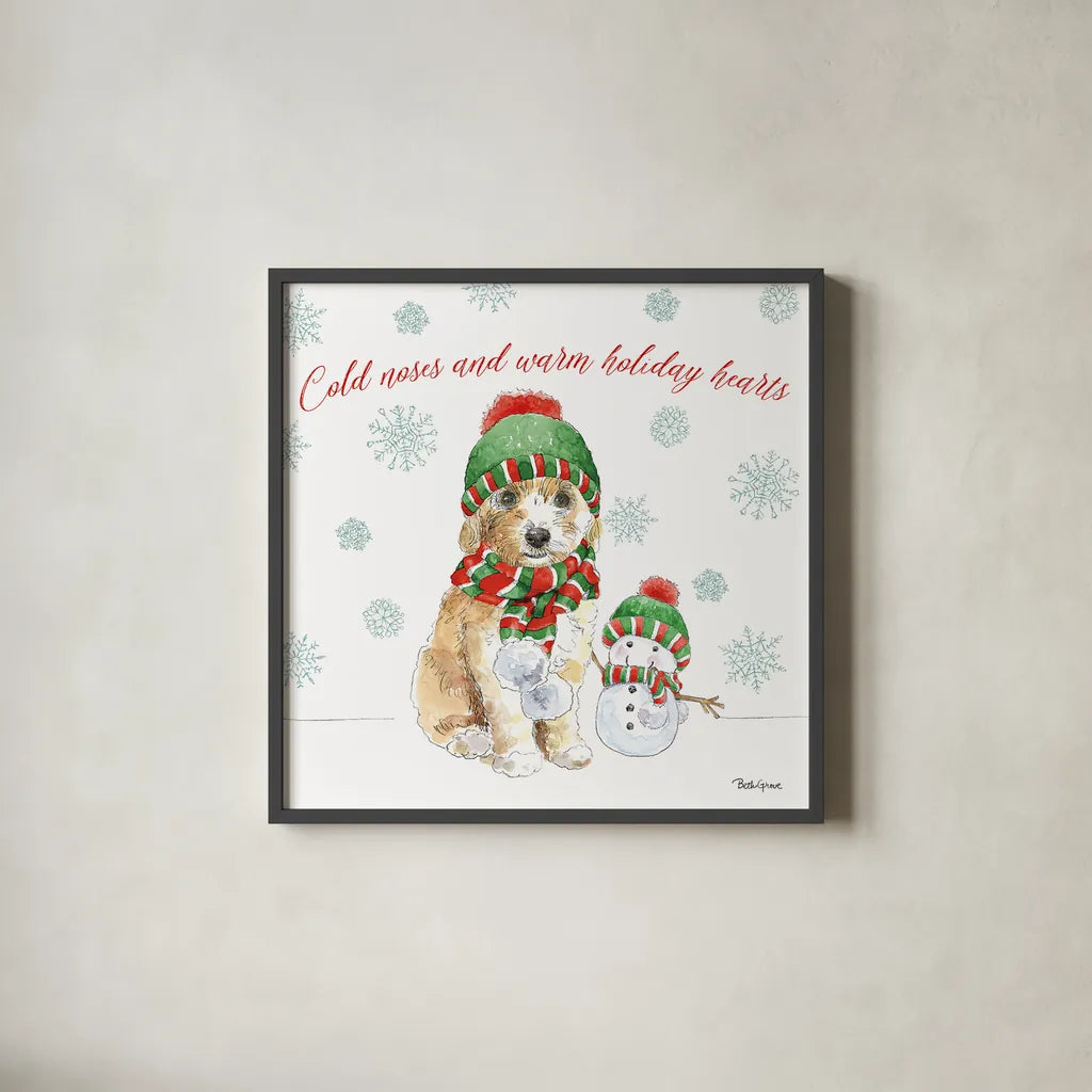 Holiday Paws IV by Beth Grove. Shown in a sleek black glass frame for a contemporary gallery look. Available as an archival giclee rolled canvas, fine art paper, or poster print. SKU 44151a.