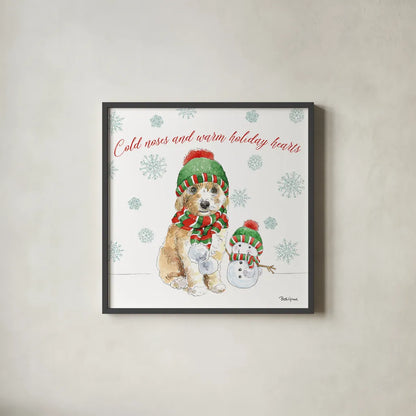Holiday Paws IV by Beth Grove. Shown in a sleek black glass frame for a contemporary gallery look. Available as an archival giclee rolled canvas, fine art paper, or poster print. SKU 44151a.