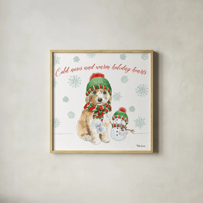 Holiday Paws IV by Beth Grove. Shown in a natural wood glass frame for a timeless modern aesthetic. Available as an archival giclee rolled canvas, fine art paper, or poster print. SKU 44151a.