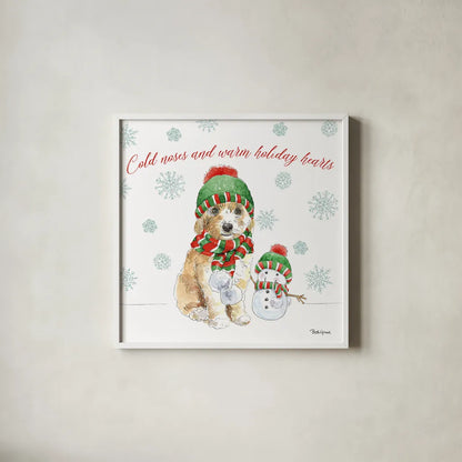 Holiday Paws IV by Beth Grove. Shown in a crisp white glass frame for a clean and minimalist style. Available as an archival giclee rolled canvas, fine art paper, or poster print. SKU 44151a.