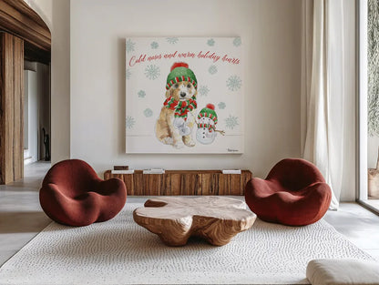 Holiday Paws IV by Beth Grove. Shown as extra-large giant wall art in a modern living room. Available as an archival giclee rolled canvas, fine art paper, or poster print. SKU 44151a.