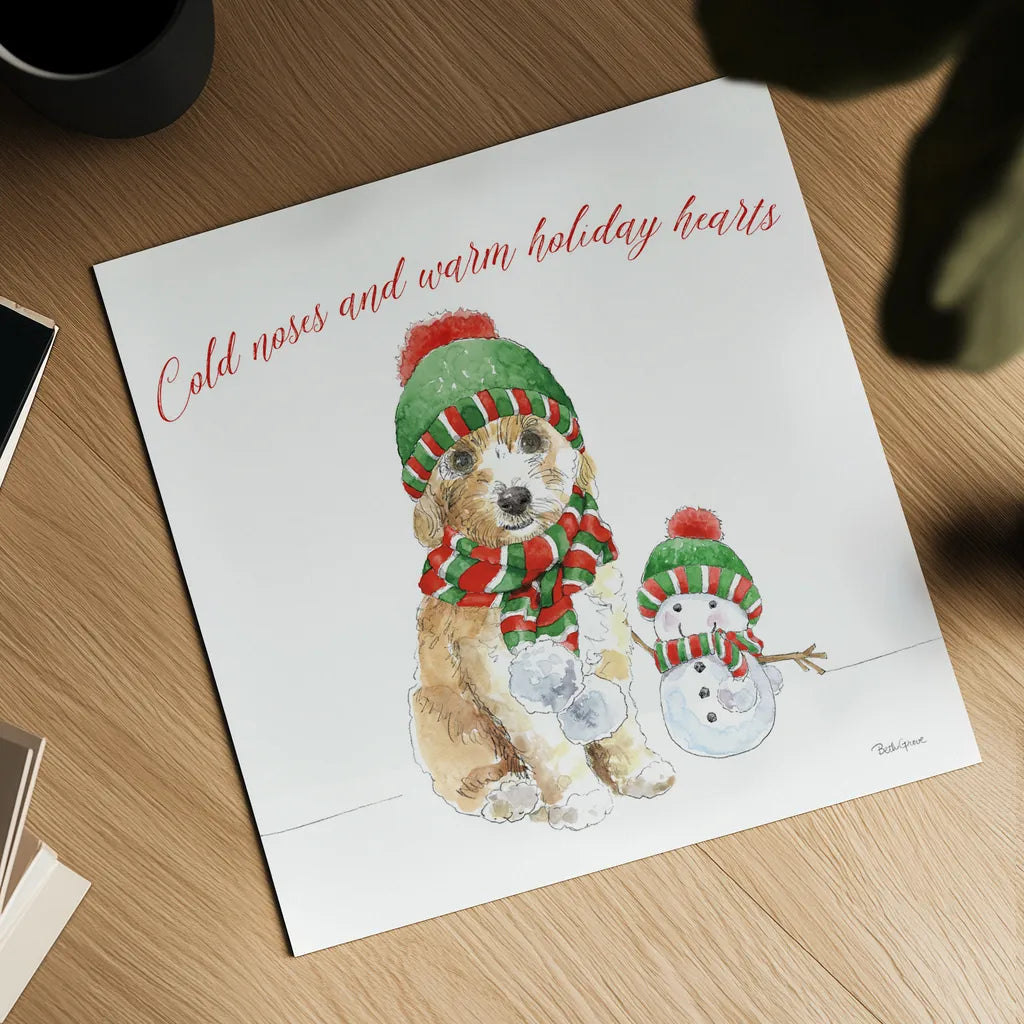 Holiday Paws IV on White by Beth Grove. Shown as a detailed flat fine art print, highlighting archival giclee quality. Available as an archival giclee rolled canvas, fine art paper, or poster print. SKU 54341a.