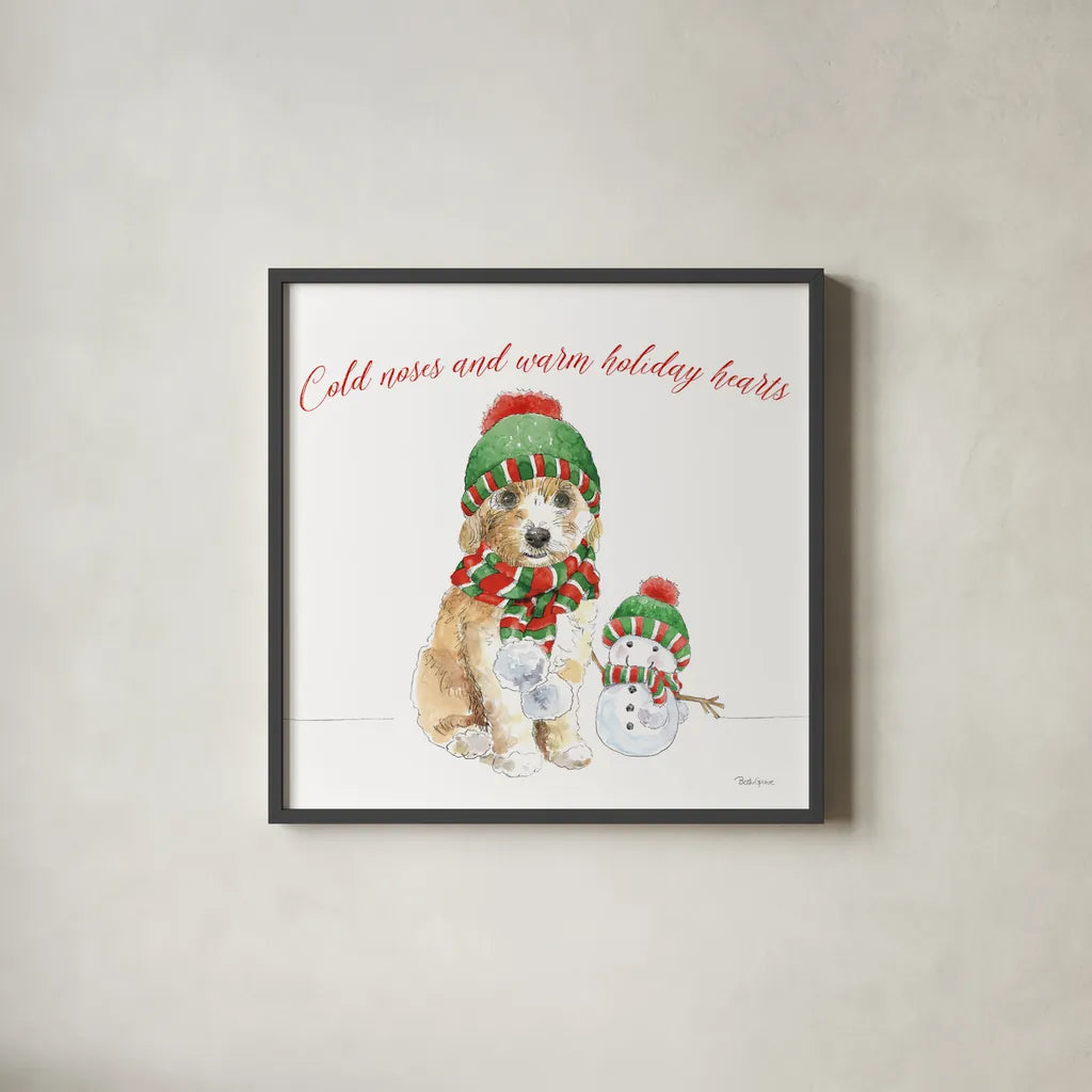 Holiday Paws IV on White by Beth Grove. Shown in a sleek black glass frame for a contemporary gallery look. Available as an archival giclee rolled canvas, fine art paper, or poster print. SKU 54341a.