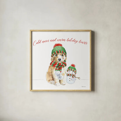 Holiday Paws IV on White by Beth Grove. Shown in a natural wood glass frame for a timeless modern aesthetic. Available as an archival giclee rolled canvas, fine art paper, or poster print. SKU 54341a.