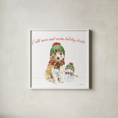 Holiday Paws IV on White by Beth Grove. Shown in a crisp white glass frame for a clean and minimalist style. Available as an archival giclee rolled canvas, fine art paper, or poster print. SKU 54341a.