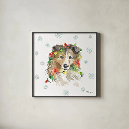 Holiday Paws IX by Beth Grove. Shown in a sleek black glass frame for a contemporary gallery look. Available as an archival giclee rolled canvas, fine art paper, or poster print. SKU 46081a.