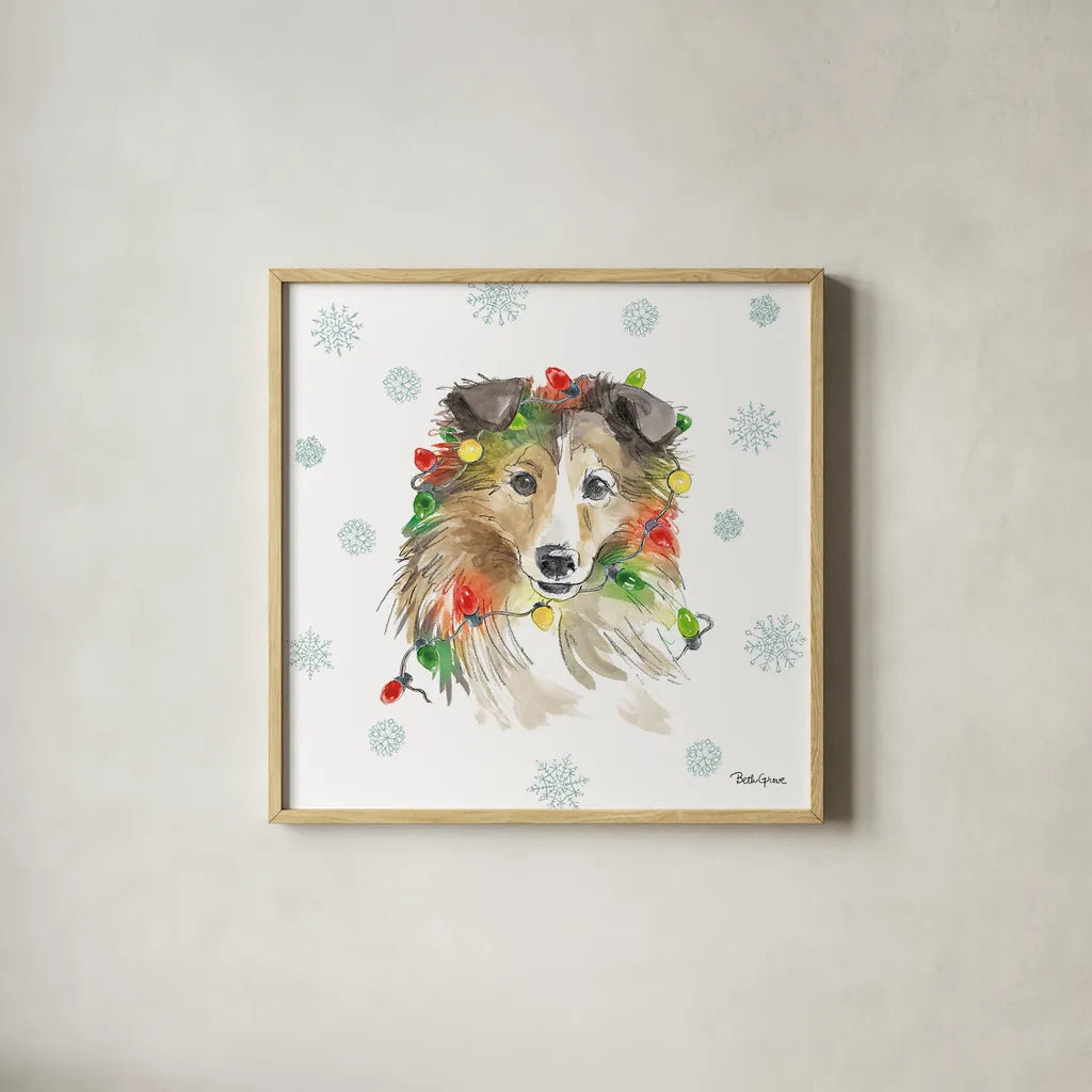 Holiday Paws IX by Beth Grove. Shown in a natural wood glass frame for a timeless modern aesthetic. Available as an archival giclee rolled canvas, fine art paper, or poster print. SKU 46081a.