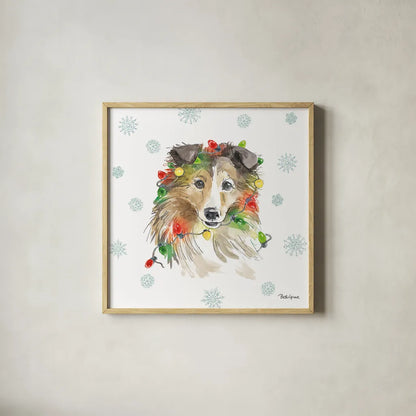 Holiday Paws IX by Beth Grove. Shown in a natural wood glass frame for a timeless modern aesthetic. Available as an archival giclee rolled canvas, fine art paper, or poster print. SKU 46081a.
