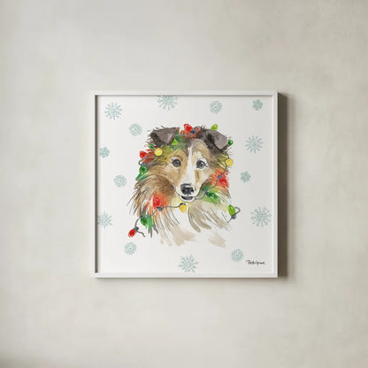 Holiday Paws IX by Beth Grove. Shown in a crisp white glass frame for a clean and minimalist style. Available as an archival giclee rolled canvas, fine art paper, or poster print. SKU 46081a.