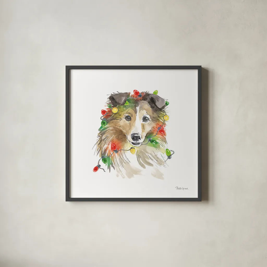 Holiday Paws IX on White by Beth Grove. Shown in a sleek black glass frame for a contemporary gallery look. Available as an archival giclee rolled canvas, fine art paper, or poster print. SKU 50887a.