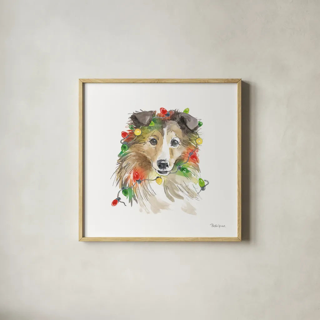 Holiday Paws IX on White by Beth Grove. Shown in a natural wood glass frame for a timeless modern aesthetic. Available as an archival giclee rolled canvas, fine art paper, or poster print. SKU 50887a.