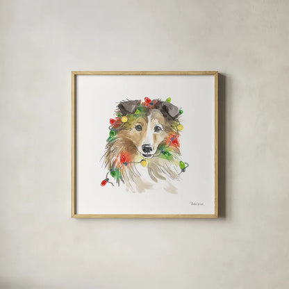Holiday Paws IX on White by Beth Grove. Shown in a natural wood glass frame for a timeless modern aesthetic. Available as an archival giclee rolled canvas, fine art paper, or poster print. SKU 50887a.