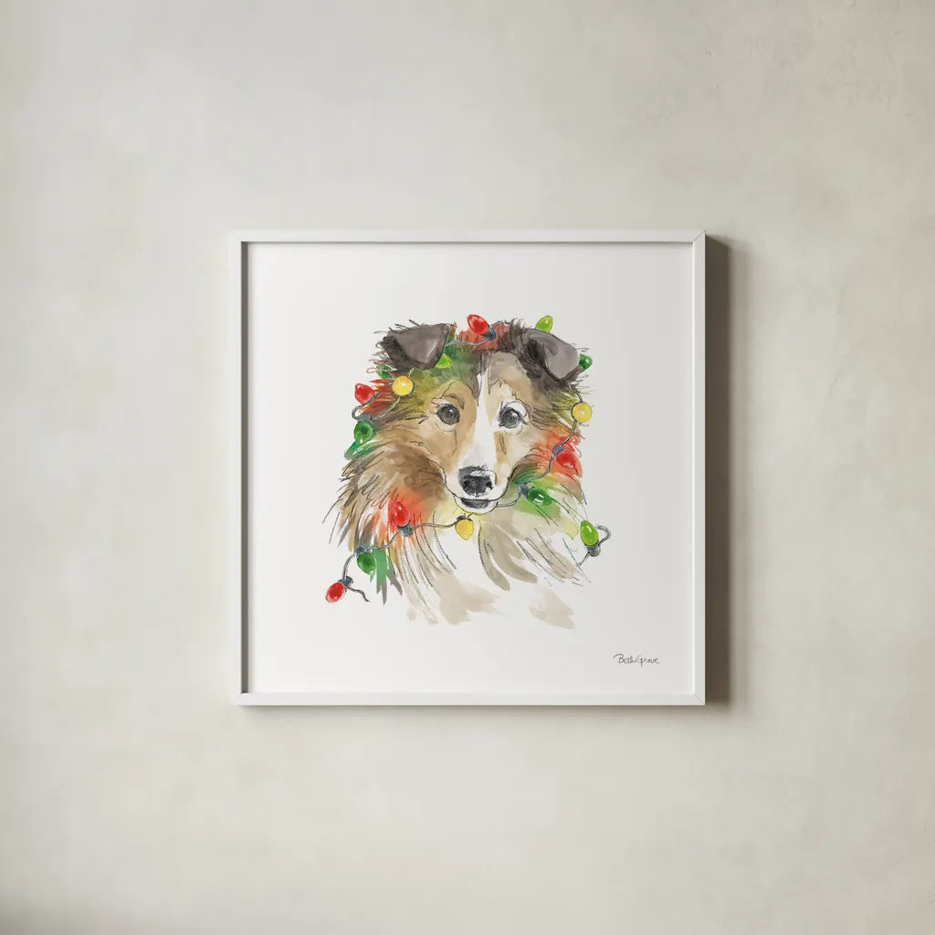 Holiday Paws IX on White by Beth Grove. Shown in a crisp white glass frame for a clean and minimalist style. Available as an archival giclee rolled canvas, fine art paper, or poster print. SKU 50887a.