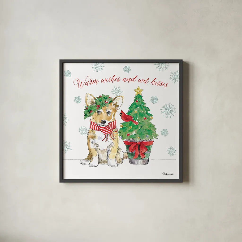 Holiday Paws V by Beth Grove. Shown in a sleek black glass frame for a contemporary gallery look. Available as an archival giclee rolled canvas, fine art paper, or poster print. SKU 44152a.