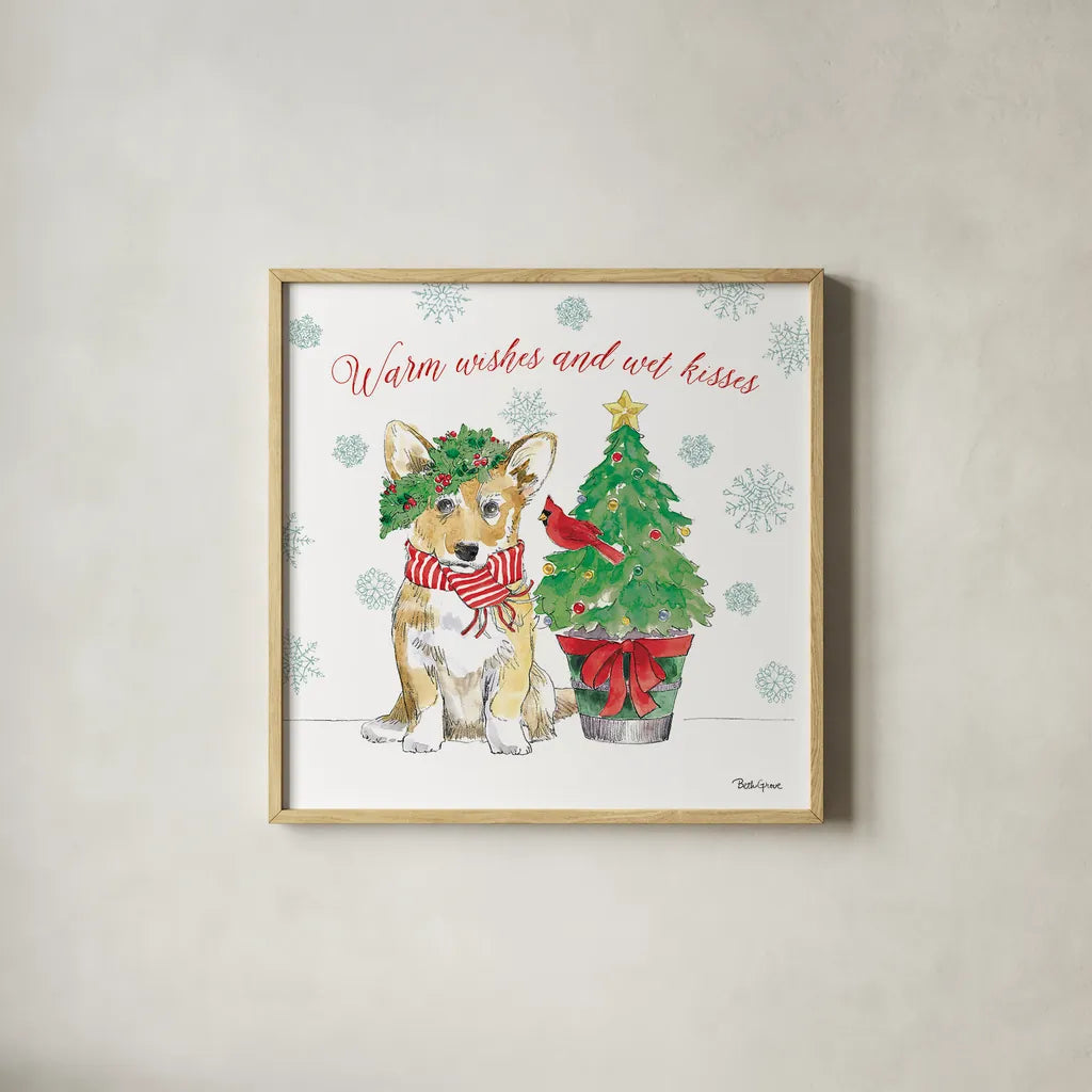 Holiday Paws V by Beth Grove. Shown in a natural wood glass frame for a timeless modern aesthetic. Available as an archival giclee rolled canvas, fine art paper, or poster print. SKU 44152a.