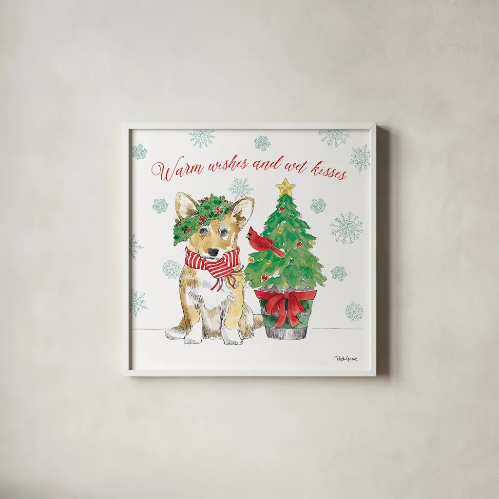 Holiday Paws V by Beth Grove. Shown in a crisp white glass frame for a clean and minimalist style. Available as an archival giclee rolled canvas, fine art paper, or poster print. SKU 44152a.