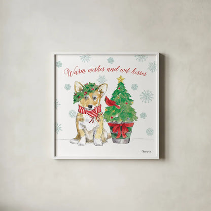 Holiday Paws V by Beth Grove. Shown in a crisp white glass frame for a clean and minimalist style. Available as an archival giclee rolled canvas, fine art paper, or poster print. SKU 44152a.