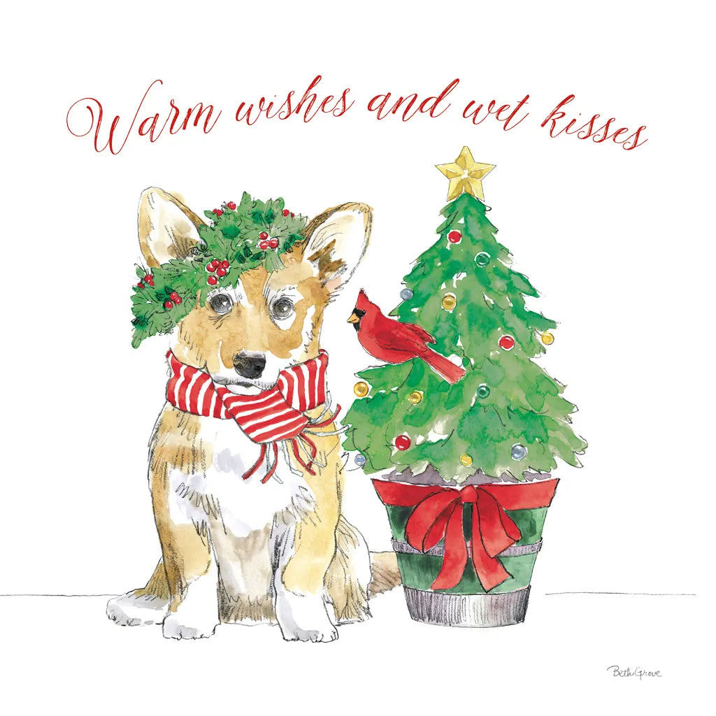 Holiday Paws V on White by Beth Grove. SKU 54342a. Archival Giclee Fine art print for wall decor.