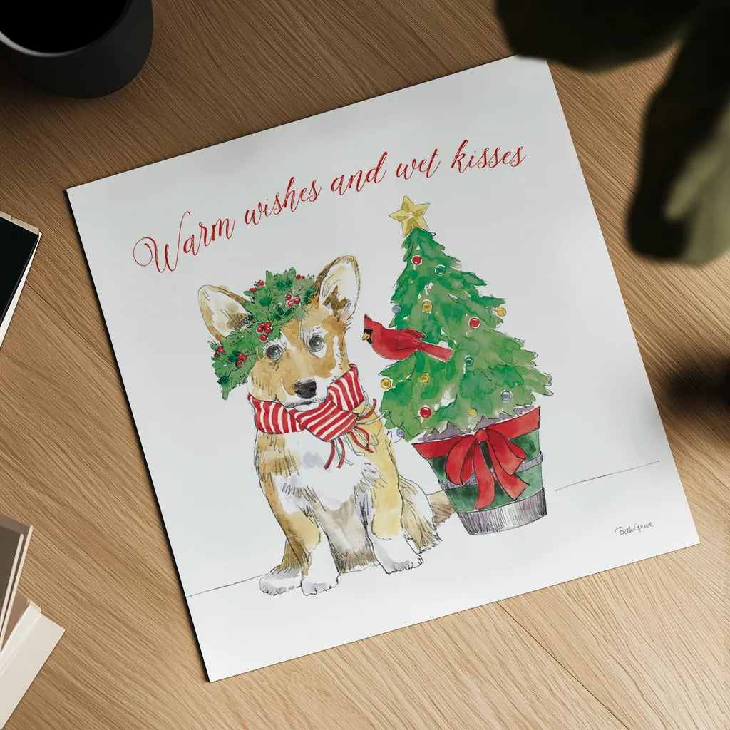 Holiday Paws V on White by Beth Grove. Shown as a detailed flat fine art print, highlighting archival giclee quality. Available as an archival giclee rolled canvas, fine art paper, or poster print. SKU 54342a.