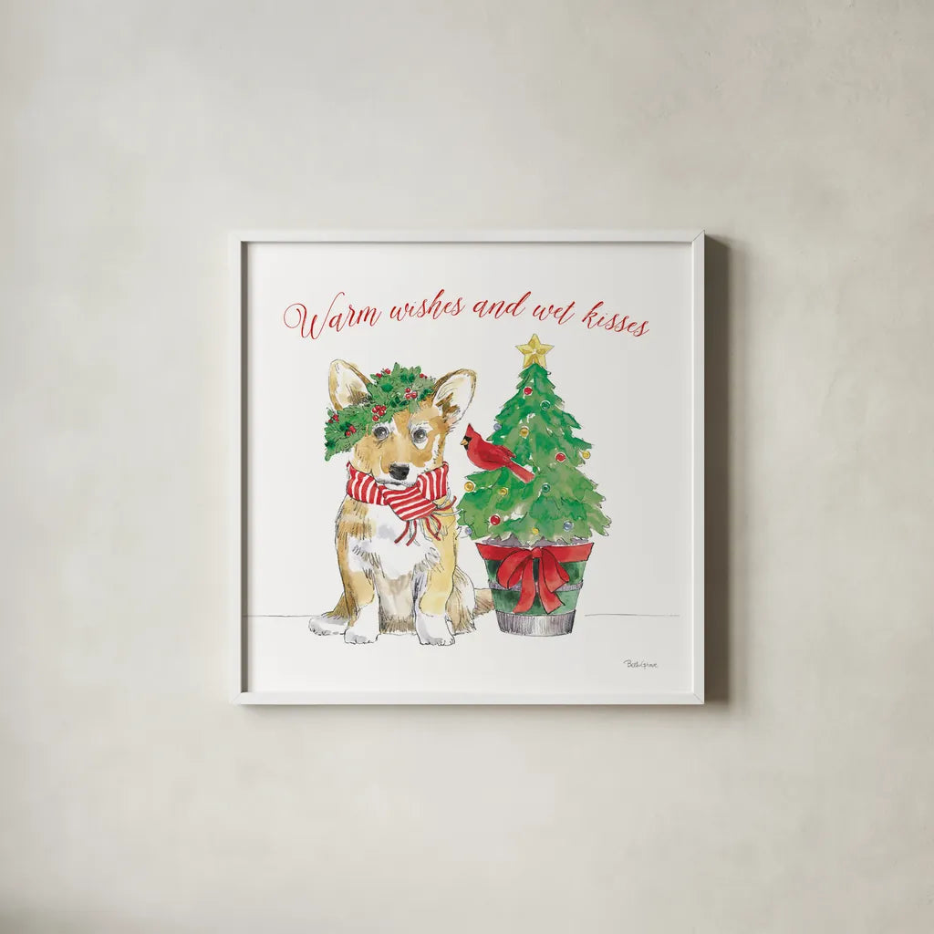 Holiday Paws V on White by Beth Grove. Shown in a crisp white glass frame for a clean and minimalist style. Available as an archival giclee rolled canvas, fine art paper, or poster print. SKU 54342a.