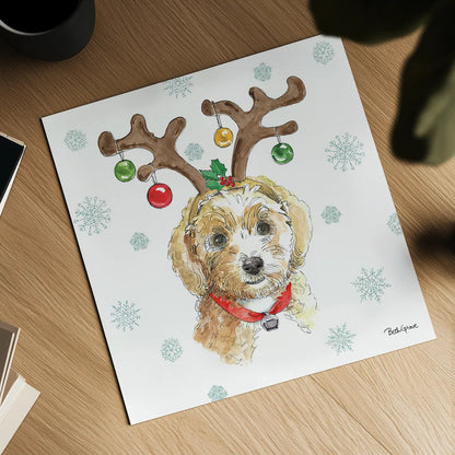 Holiday Paws VI by Beth Grove. Shown as a detailed flat fine art print, highlighting archival giclee quality. Available as an archival giclee rolled canvas, fine art paper, or poster print. SKU 46078a.