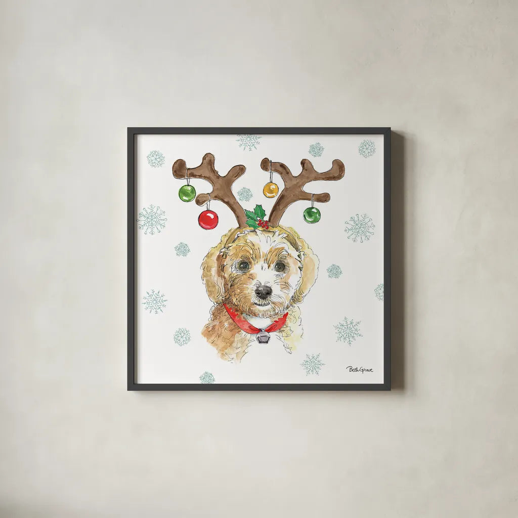 Holiday Paws VI by Beth Grove. Shown in a sleek black glass frame for a contemporary gallery look. Available as an archival giclee rolled canvas, fine art paper, or poster print. SKU 46078a.