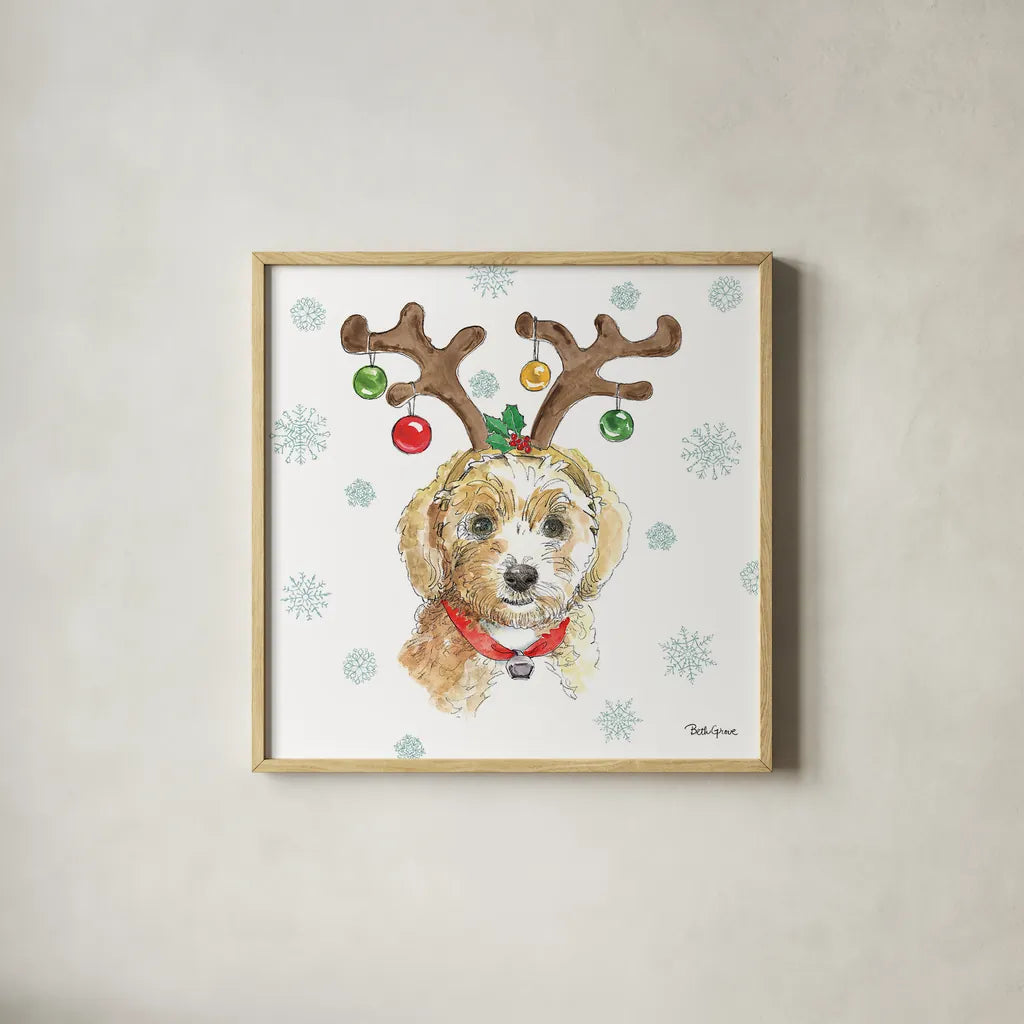 Holiday Paws VI by Beth Grove. Shown in a natural wood glass frame for a timeless modern aesthetic. Available as an archival giclee rolled canvas, fine art paper, or poster print. SKU 46078a.